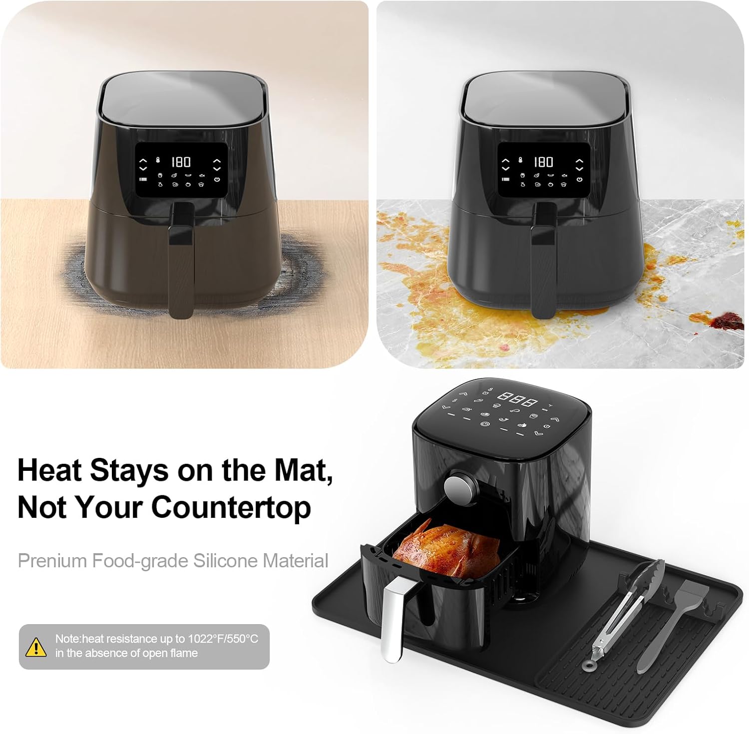 Silicone Heat Resistant Mats for Countertop,24x16 Inch Air Fryer Mat with Kitchen Accessories Holder Pad for Microwave/Oven,Compatible with Ninja/Cosori/Chefman/Toshiba,Kitchen Countertop Protector