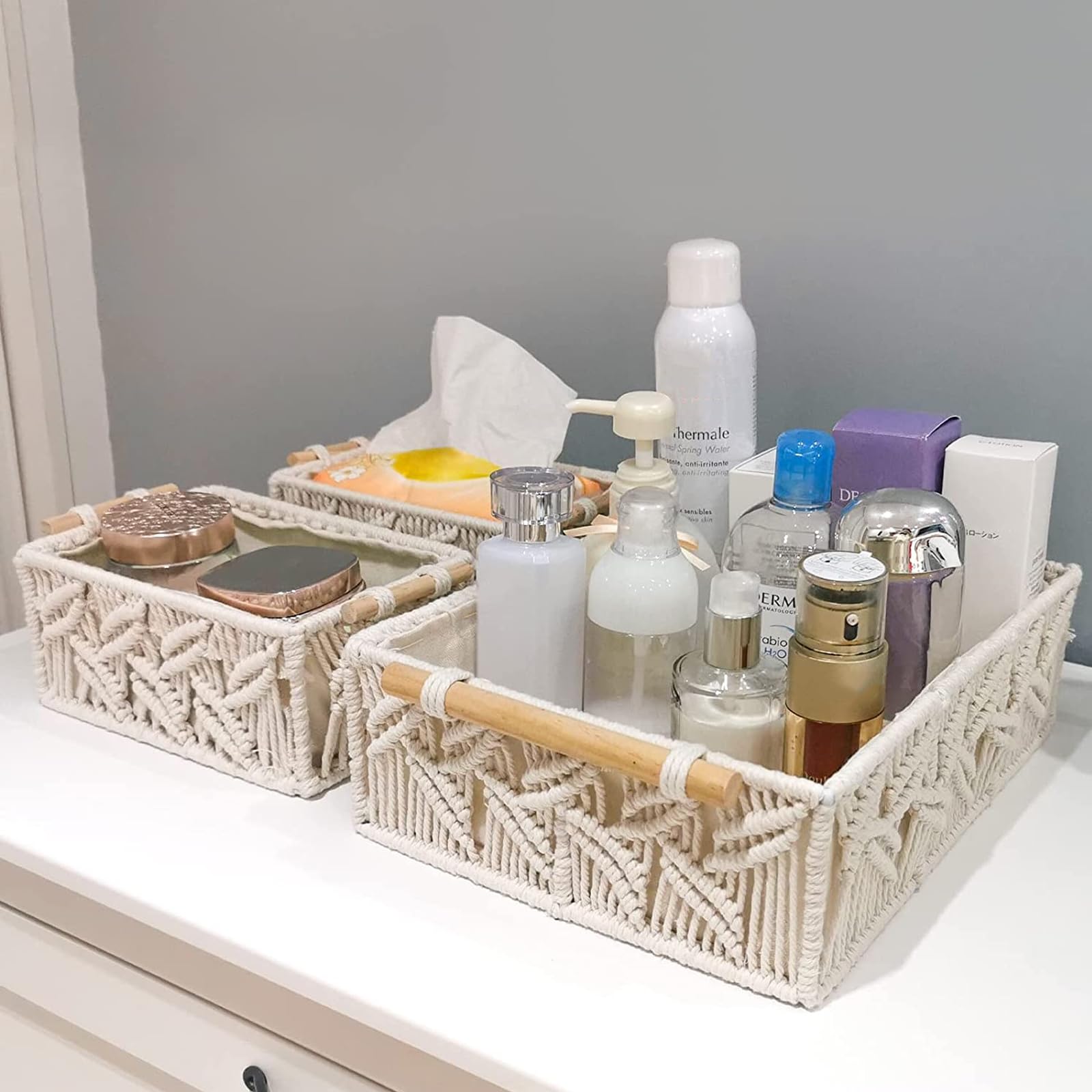Juego de 3 cestas de almacenamiento tejidas de macramé con asas de madera, cajas estilo cajas para dormitorio, sala de estar y decoración de encimera