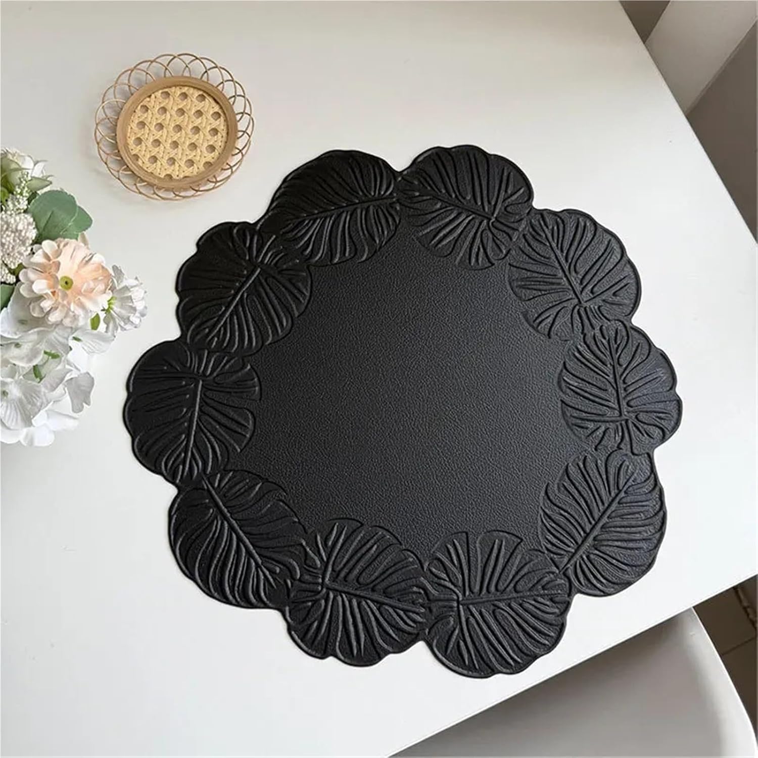 Flower Shaped Gift Black Placemats Rectangular Faux Leather Round Table Pad Hotel Restaurant Party Table PU Placemats(Guibei Black,6pcs Round 38cm)