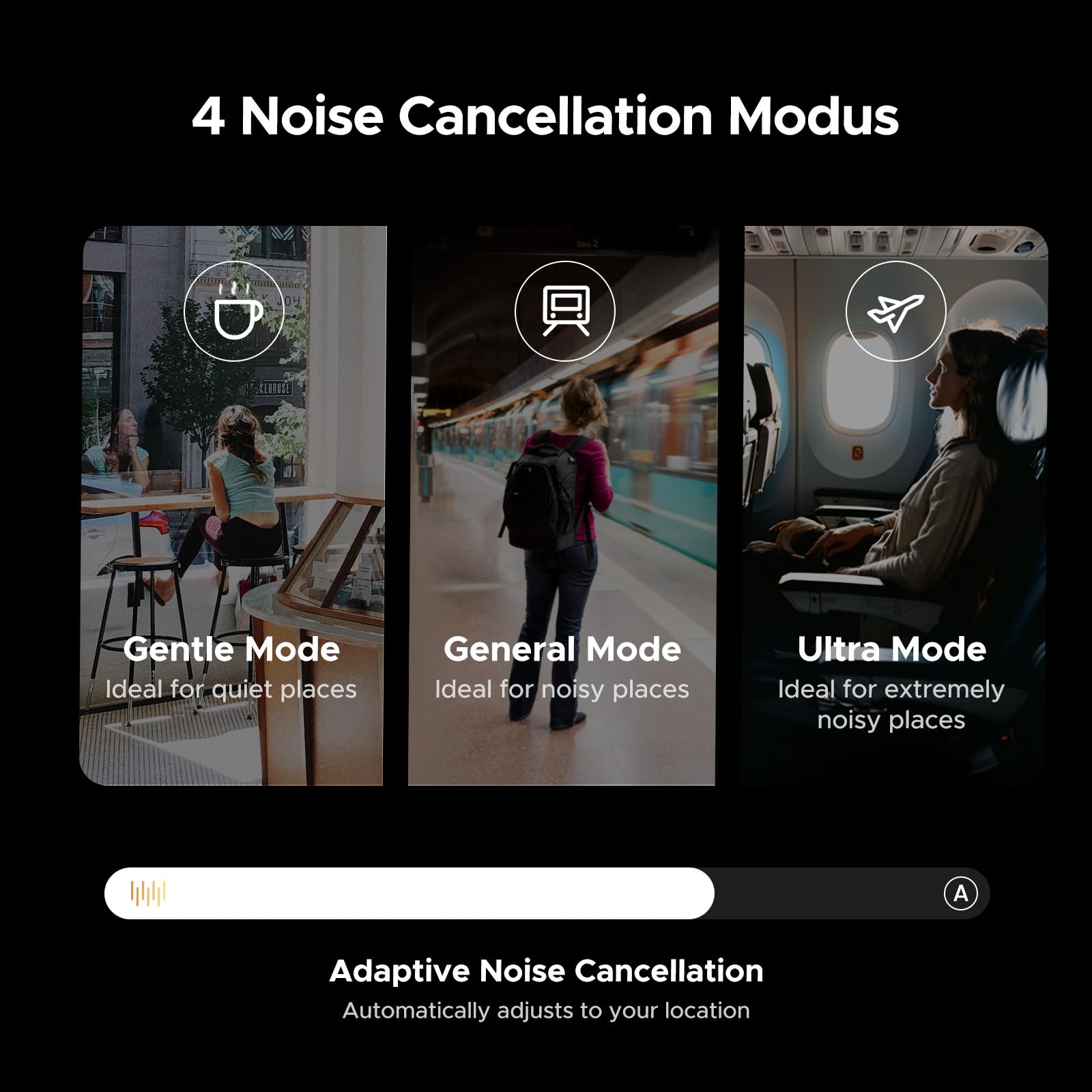 UGREEN HiTune Max 5C Casque Bluetooth sans Fil Sport Hi Res Audio ANC Réduction Active du Bruit Adaptative Hybride 43dB Bluetooth 5.4 4 Micros Audio Spatial EQ Personnalisé App 75H Charge USB C Noir | Réduction active du bruit adaptative