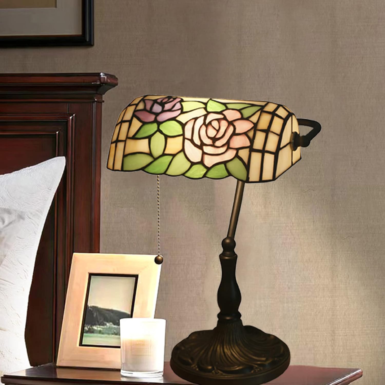 Banker Lamp Tiffany Desk Lamp Victorian Red Green Blue Rose Stained Glass Table Lamp 15" Tall Memory Adjustable Library Piano Reading Lamp Rustic Bedside Night Light for Living Room,A