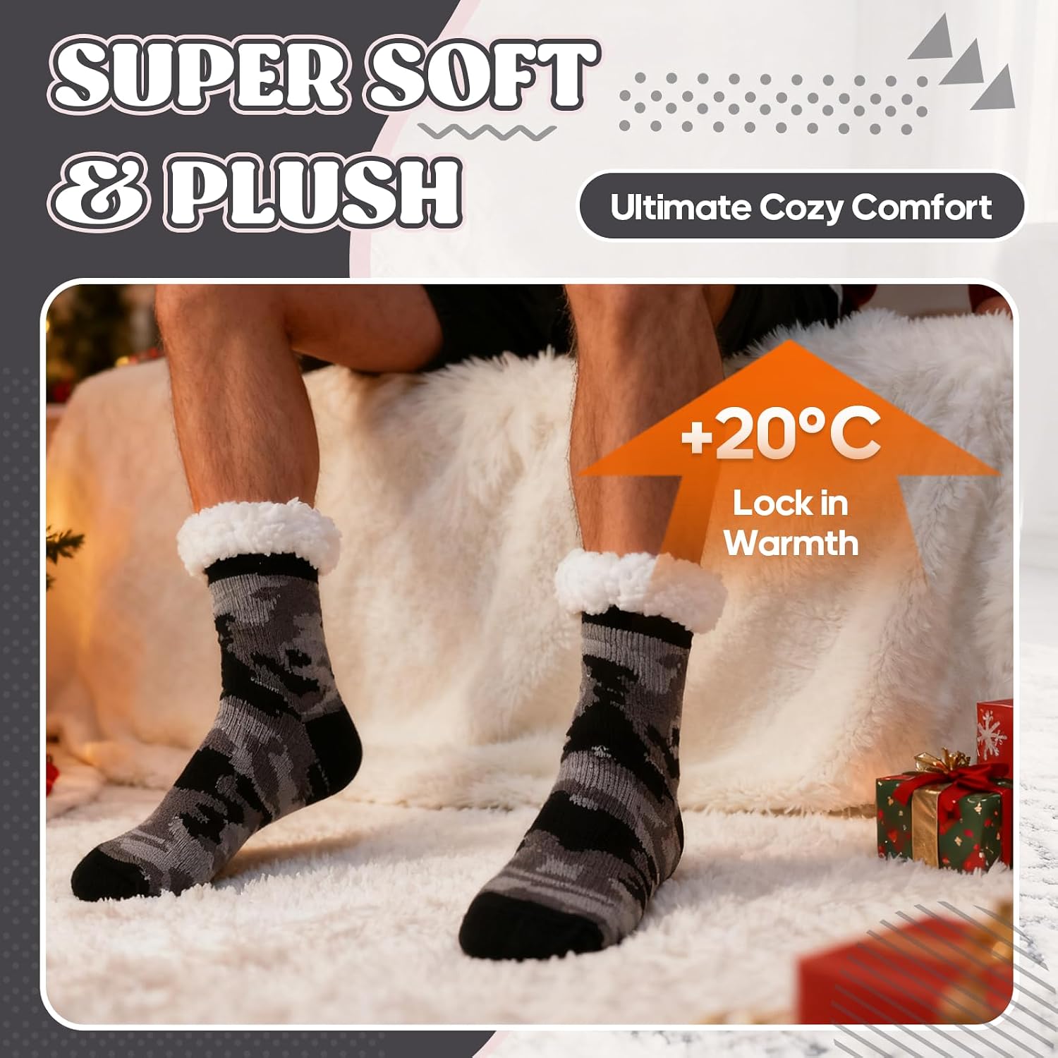 Fuzzy Slipper Socks for men Fluffy Cozy Winter Socks with Non Slip Grip Christmas Fleece Warm Soft Thick Indoor Home Camouflage