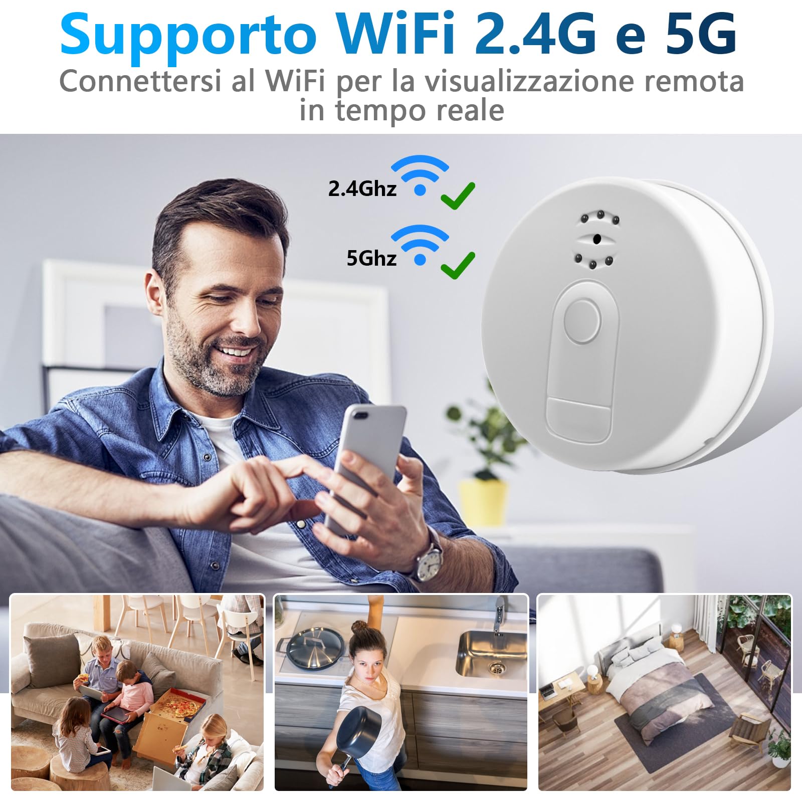 LXMIXMI Telecamera Nascosta Wi-Fi 5G, Telecamera Nascosta in un Rilevatore di Fumo, Telecamera Spia Wi-Fi HD 1080P con Visione Notturna, Rilevamento del Movimento e Registrazione in Loop