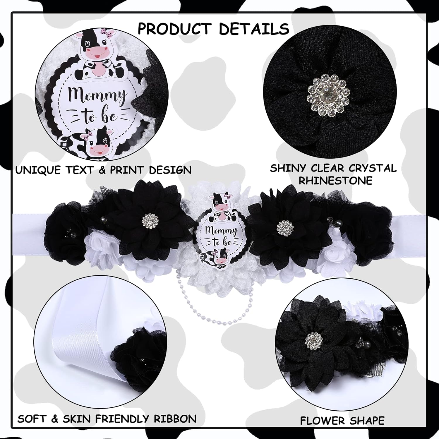 Cow Baby Shower Sash - Maternity Sash Kit with Mom to Be Dad to Be Corsage Pins, Cow Gender Reveal Pregnancy Flower Belly Belt Photo Props New Parents Keepsake, Farm Cow Print Party Decor