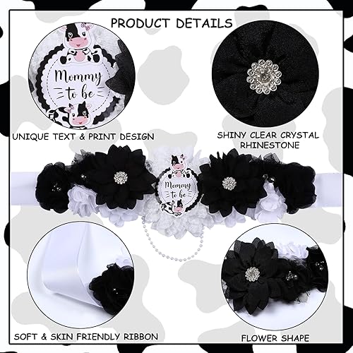 Miniatura 5 de JOYMEMO Faja para baby shower de vaca, kit de banda de maternidad con texto en inglés "Mom to Be Dad" (mamá para ser papá), alfileres de ramillete