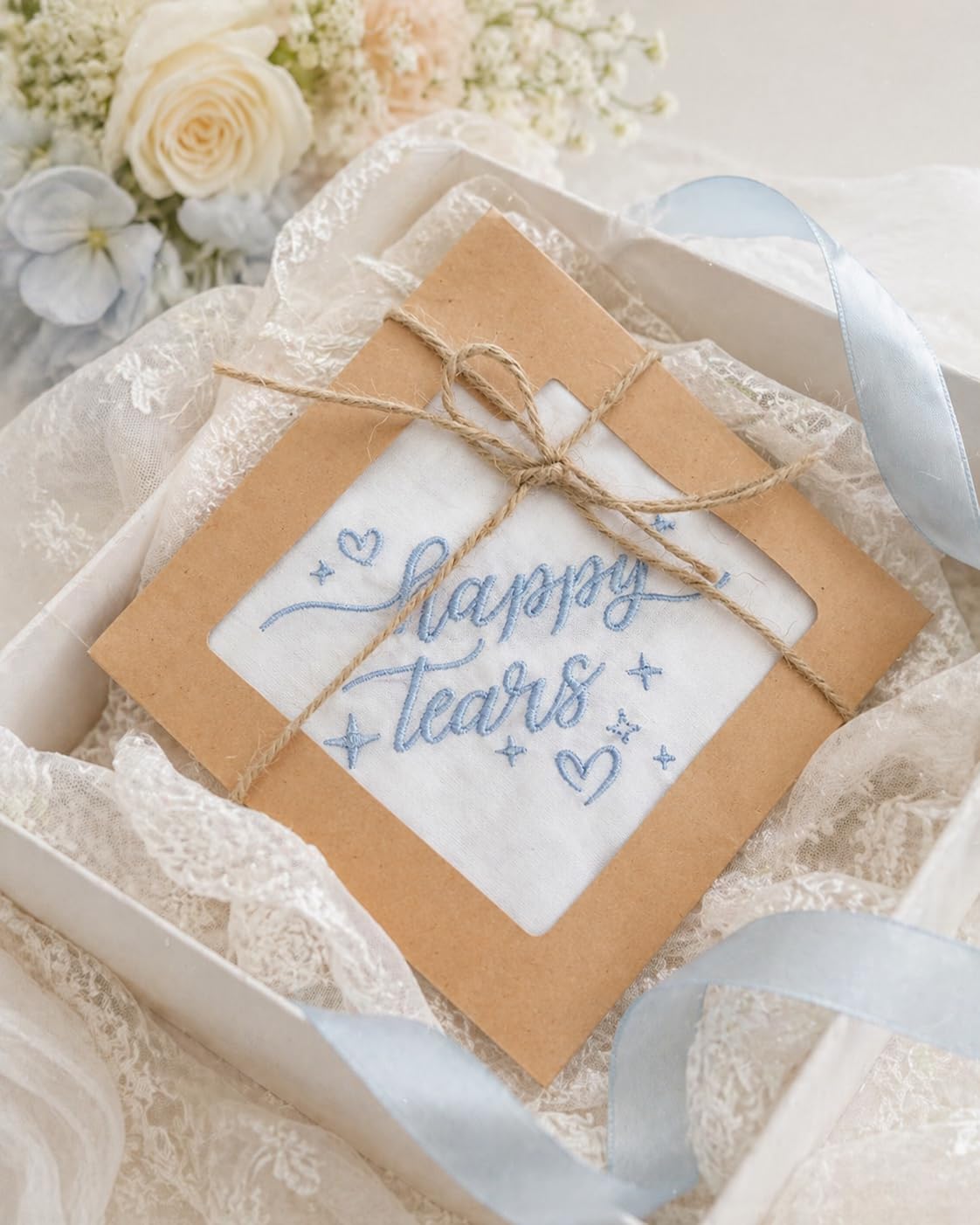 Happy Tears Handkerchief, White Embroidered Wedding Party Accessory Bridesmaid Gift Something Blue