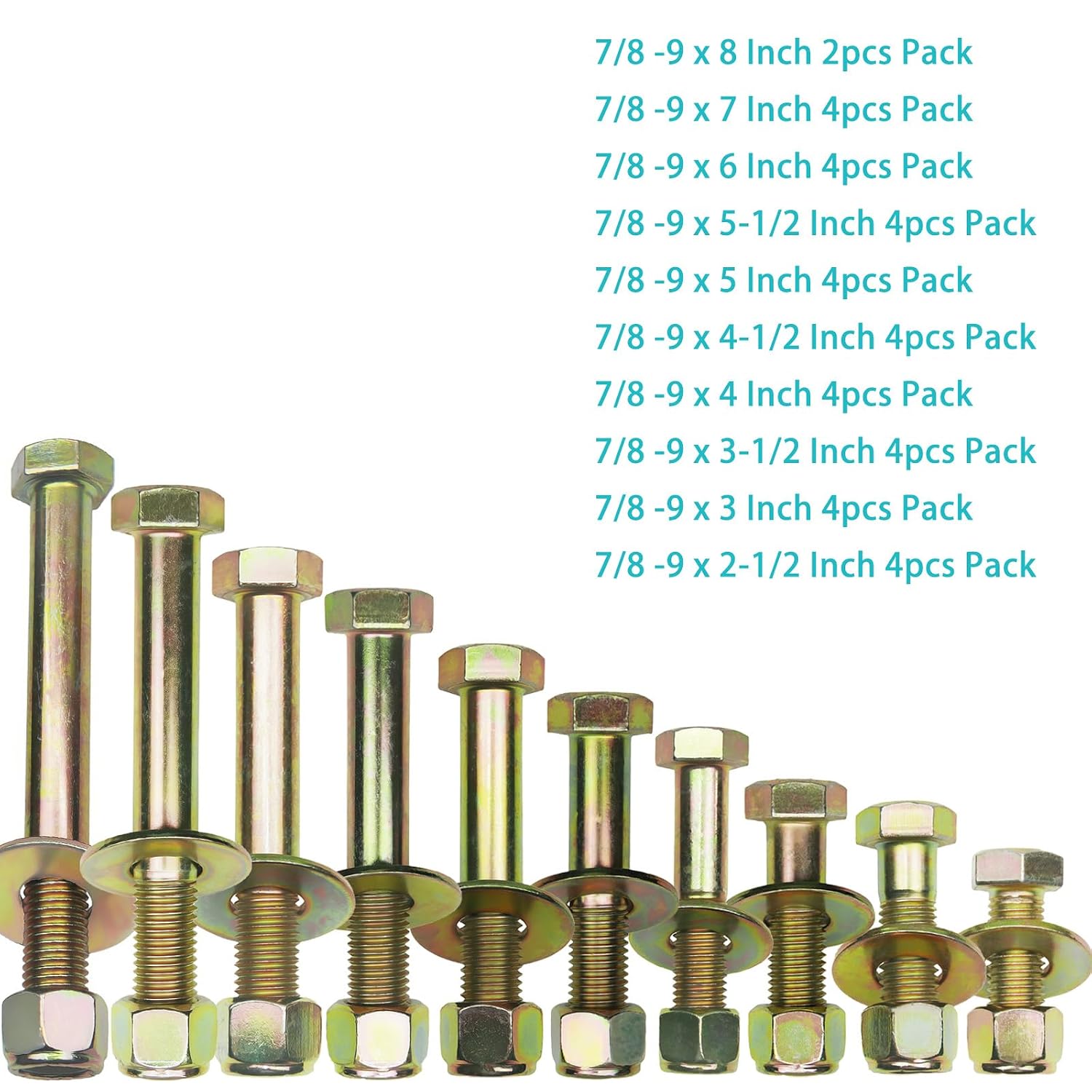 7/8" x 3-1/2" Hex Head Bolt by Color Galvanization with Nylon Lock nut and Large Size Washer Assortment Kit,Alloy Steel,Grade 8.(4pcs Pack)，by Metalsuberg