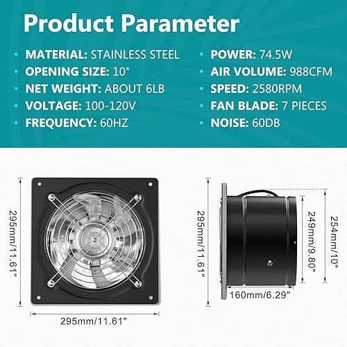 Miniatura 2 de HG Power Ventilador de escape de metal de 10 pulgadas con interruptor, potente ventilador de escape de garaje de 988 CFM con amortiguador,