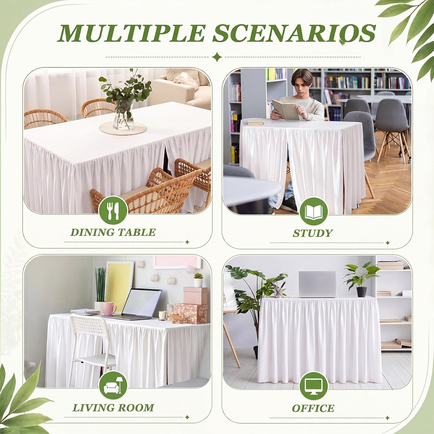 Breling 1 Pcs Ruffled Split Desk Skirt Cover 48" L x 24" W x 30" H, White