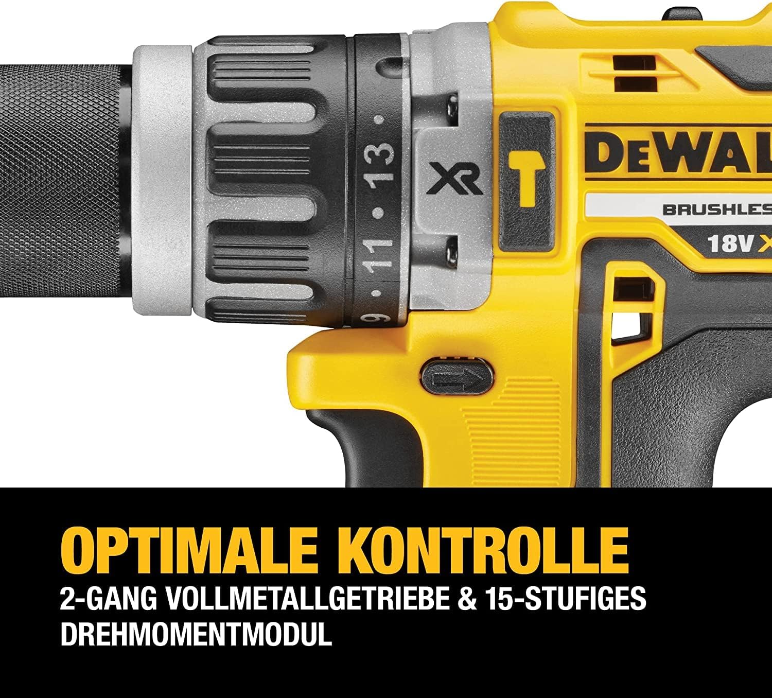 Close-up of DEWALT DCD796P3 chuck and clutch settings