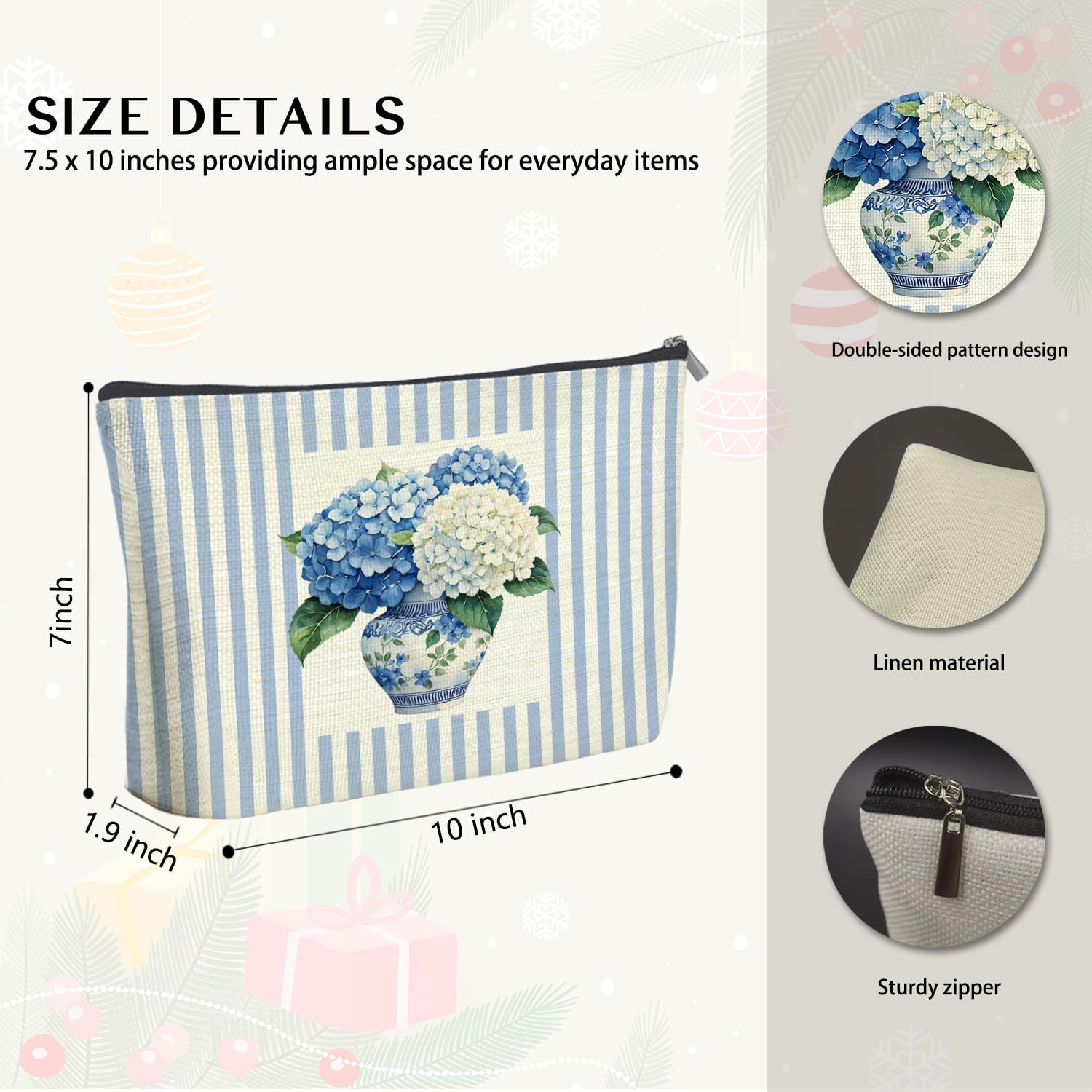 Chinoiserie Blue Hydrangea Floral Makeup Bag Gifts for Women, Grandmillennial Botanical Flower Cosmetic Bag, Blue and White Striped Zipper Makeup Pouch Travel Toiletry Bags image 4