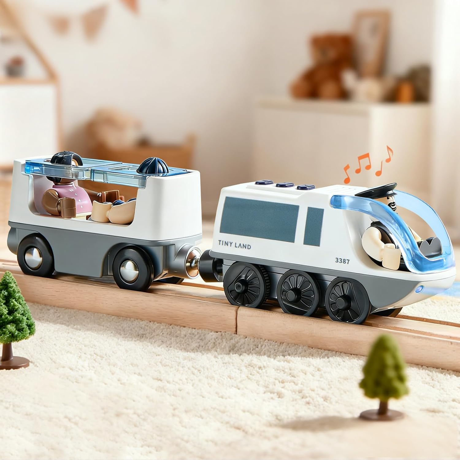 Tiny Land Battery Operated Action Locomotive Train - Powerful Engine Bullet Train Set Compatible with Major Brand Tracks - Battery Powered Track Toys for Toddlers Boys Girls Kids 3 4 5 - White