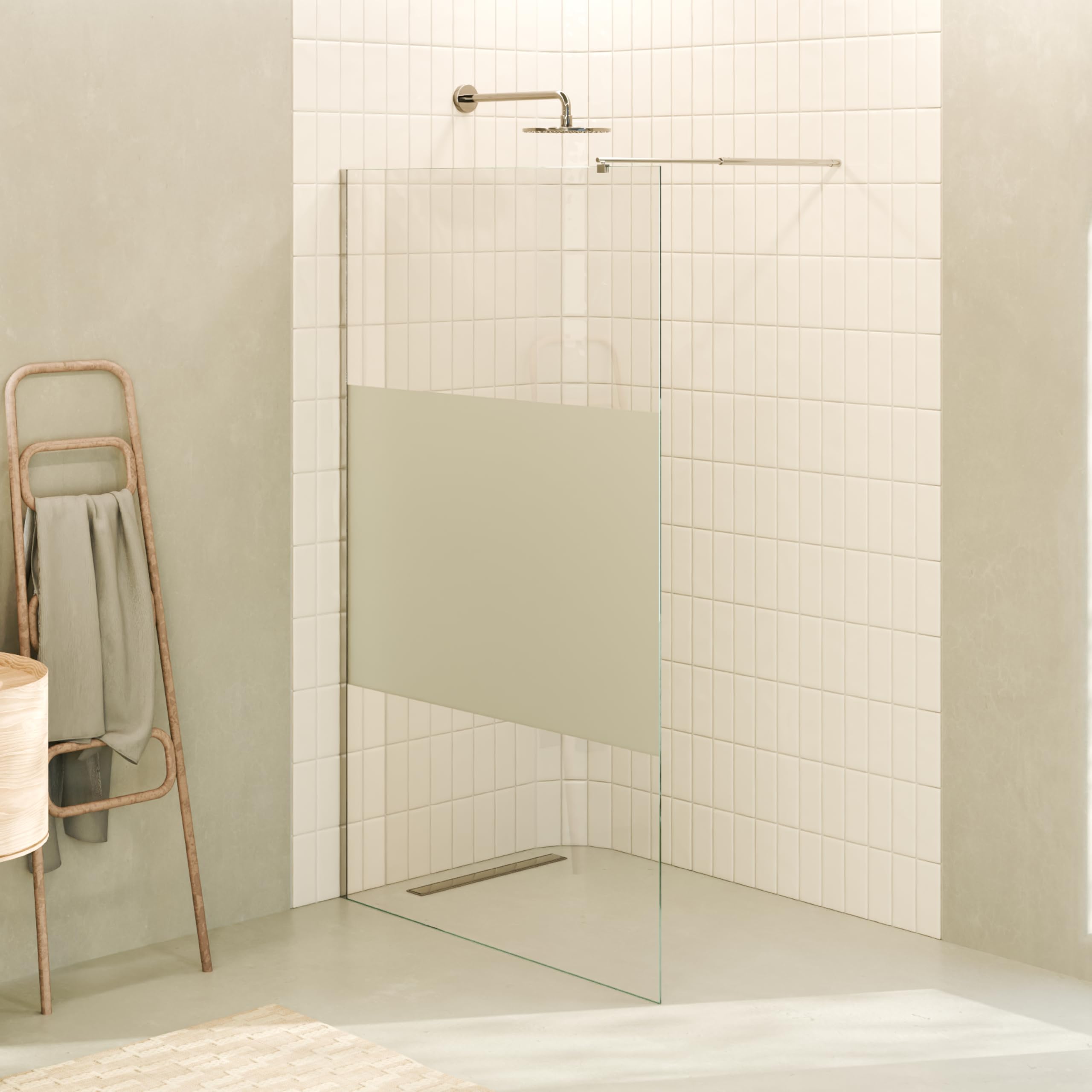 Mampara de Ducha Fija/Walk-In Fiona 140x200cm, Cristal Templado Parcialmente Satinado de 10mm, Perfiles e Barra Estabilizadora en Acero Inoxidable Cromado
