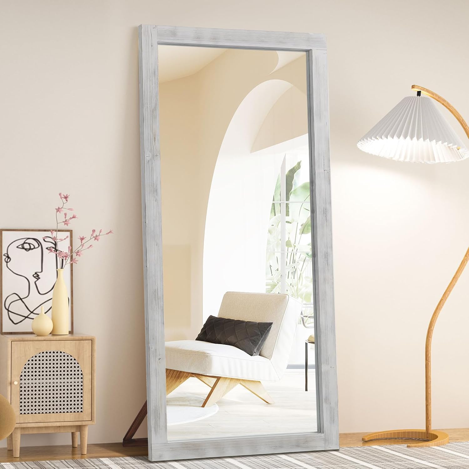 Rustic Farmhouse Full Length Mirror, 71"x32" Wood Frame Large Floor Mirror, Free Standing Leaning Hanging for Bedroom Living Room Cloakroom, Weathered White