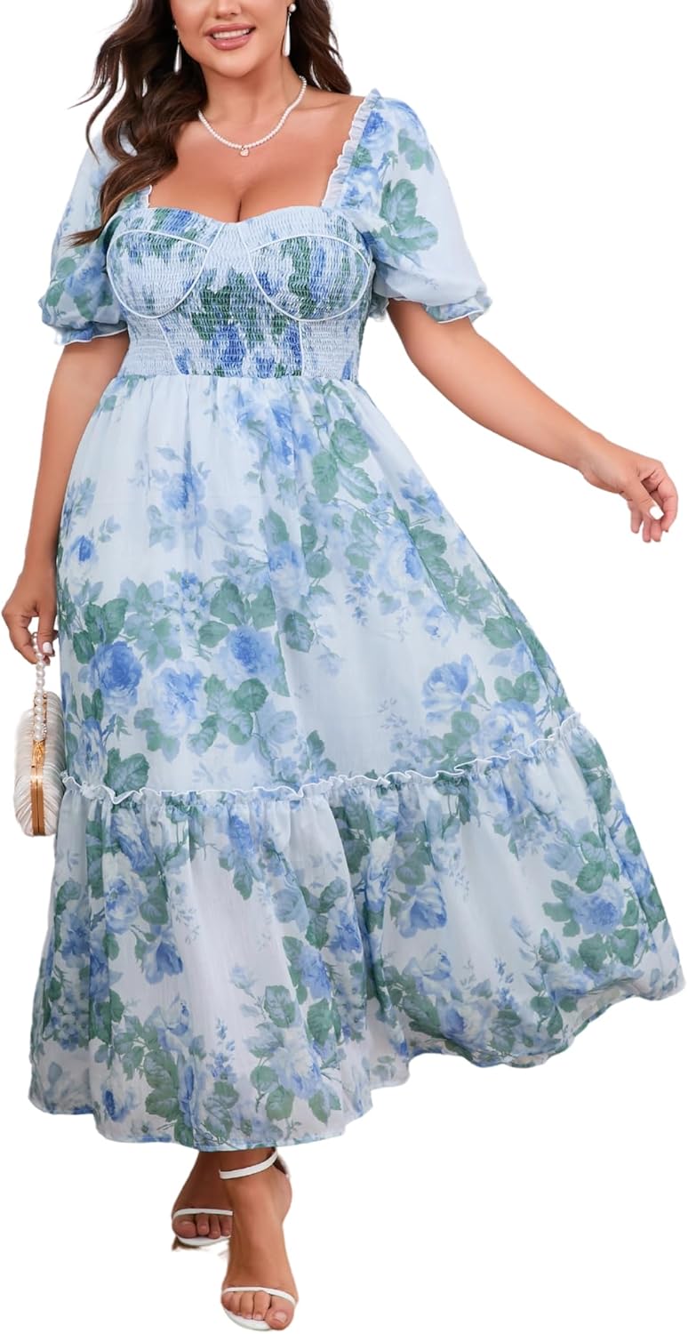 Womens Plus Size Floral Maxi Dress Puff Sleeves Cottagecore
