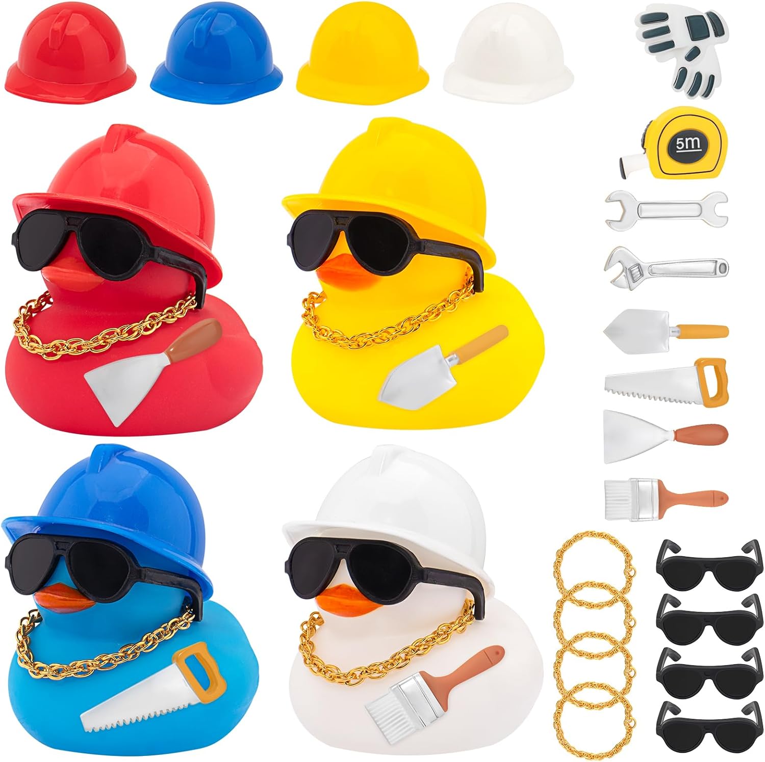 wonuu 24pcs Construction Worker Rubber Ducks with Pliers, Pruning Shears, Hand Saw, Screwdriver, Wrench, Hammer, Helmets, Sunglasses, Gold Chains, Occupation Cosplay Colorful Duckies