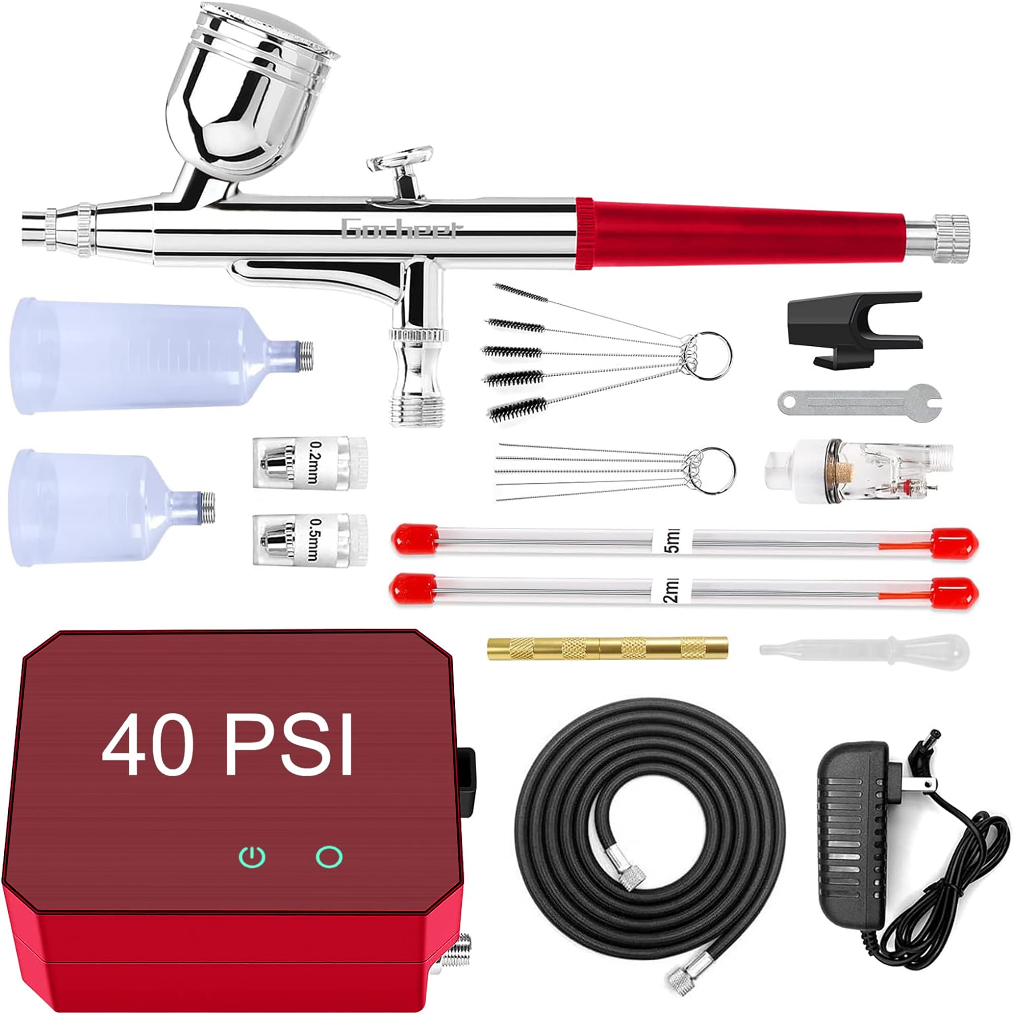 Gocheer Airbrush Kit with Air Compressor, 40 48 PSI High Pressure Air Brush Non-Clogging with 0.2/0.3/0.5mm Nozzle/Cleaning Sets, Ideal for Painting, Modeling, Cake Decor, Makeup (Red, 40 PSI)