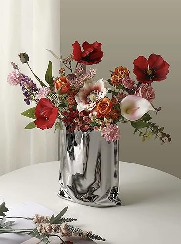 Miniatura 7 de BLOFLO - Jarrón moderno de cerámica plateada, bolsa de papel plegable hecha a mano, florero de cerámica creativo, adornos decorativos para
