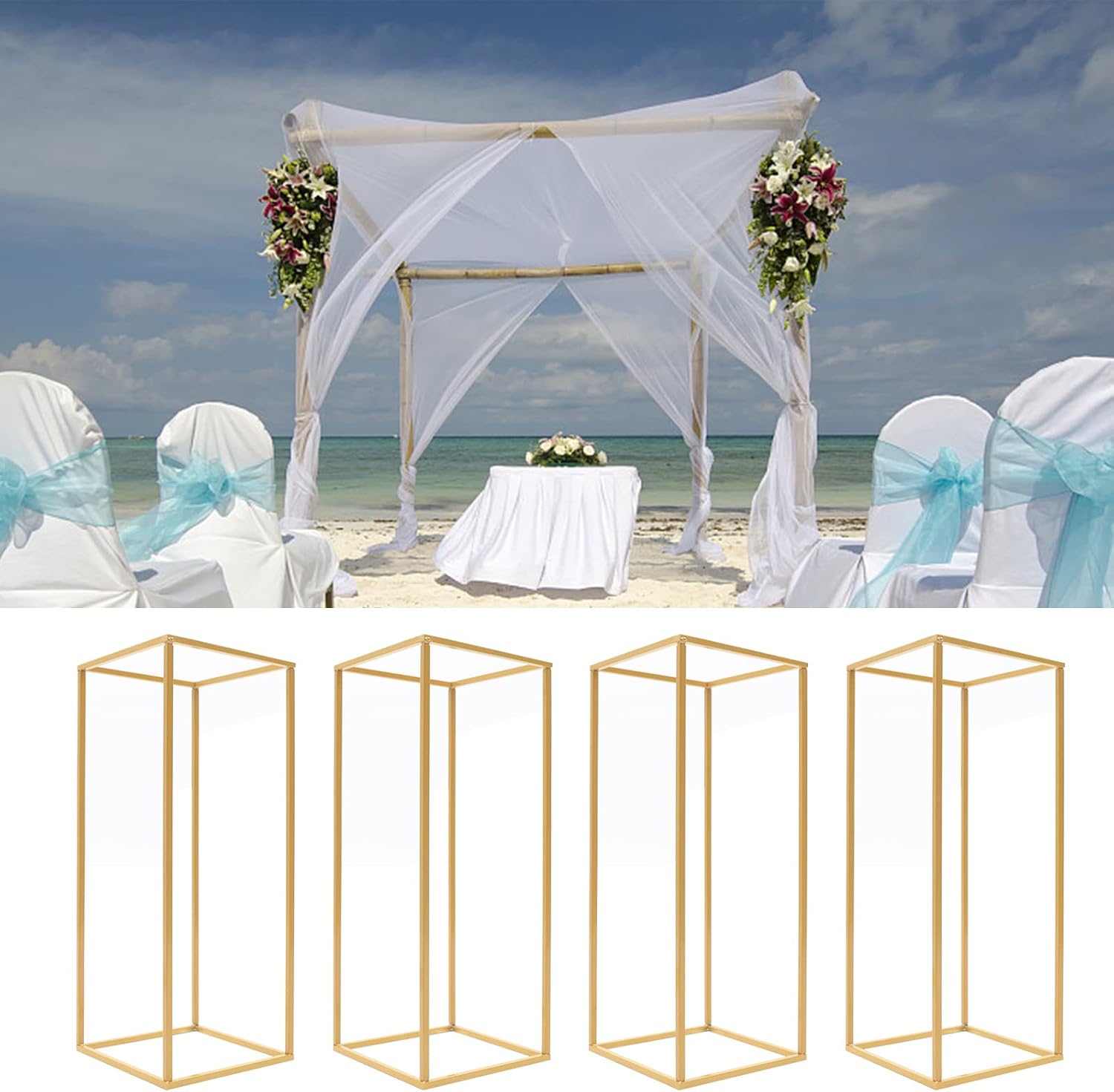 4Pcs Metal Flower Vase, Column Gold Flower Stand Geometric Centerpiece Vase for Tables, Freestanding Centerpiece Holder Rack for Wedding Decorations, Event, Home, Party