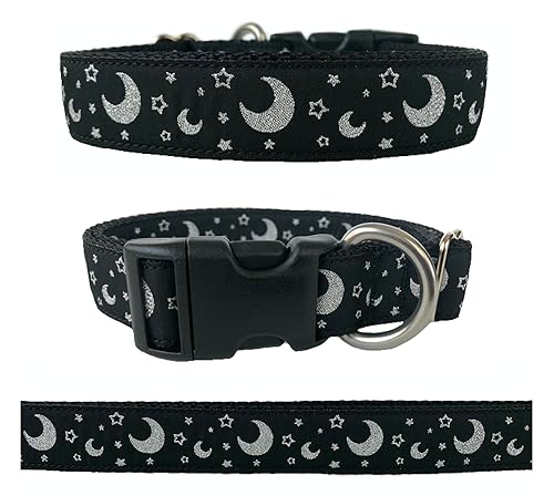 Silver Moons with Stars Dog Collar (Made with Shiny Silver Colored Thread) (Fits a medium to large size dog) (Medium (13" - 20"))