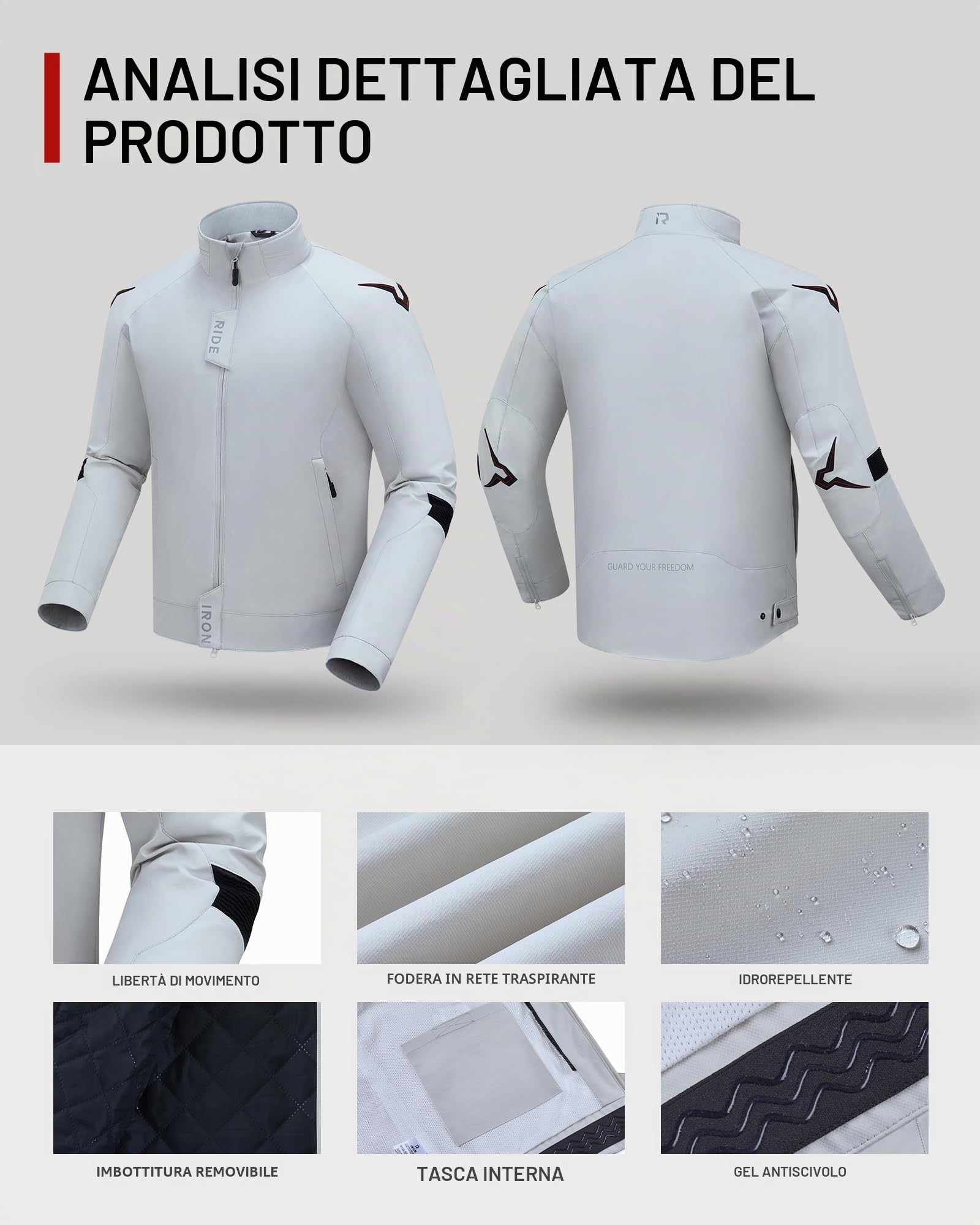 RIDEIRON Giacca Moto Uomo 4 Stagioni – Tessuto Leggero e Traspirante, Antivento, Protezioni CE Rimovibili su Spalle e Gomiti, Fodera Termica Rimovibile, Regolazioni Comode M-XXL