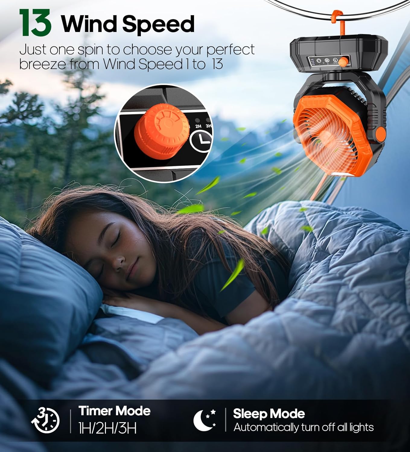 HAWANA Portable Camping Fan Rechargeable 20000mAh Battery Operated Fan with LED Lantern, Portable Table Fan with Head Rotation,3 Timer, Hook for for Camping Tents Travel Outdoor Beach, Sun Orange