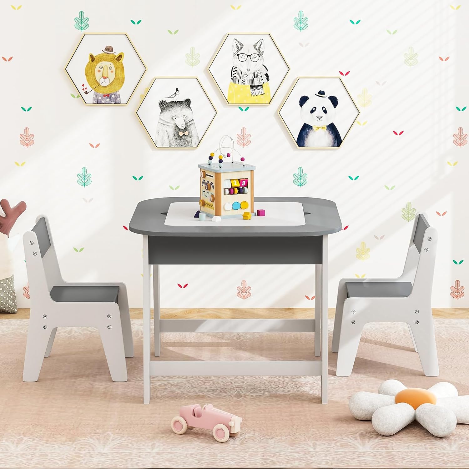 HONEY JOY Kids Table and Chair Set, 3-in-1 Children Wooden Activity Table and 2 Chairs for Art Craft, Reversible Blackboard, 3 PCS Toddler Furniture with Storage, Gift for Boys Girls (Gray)