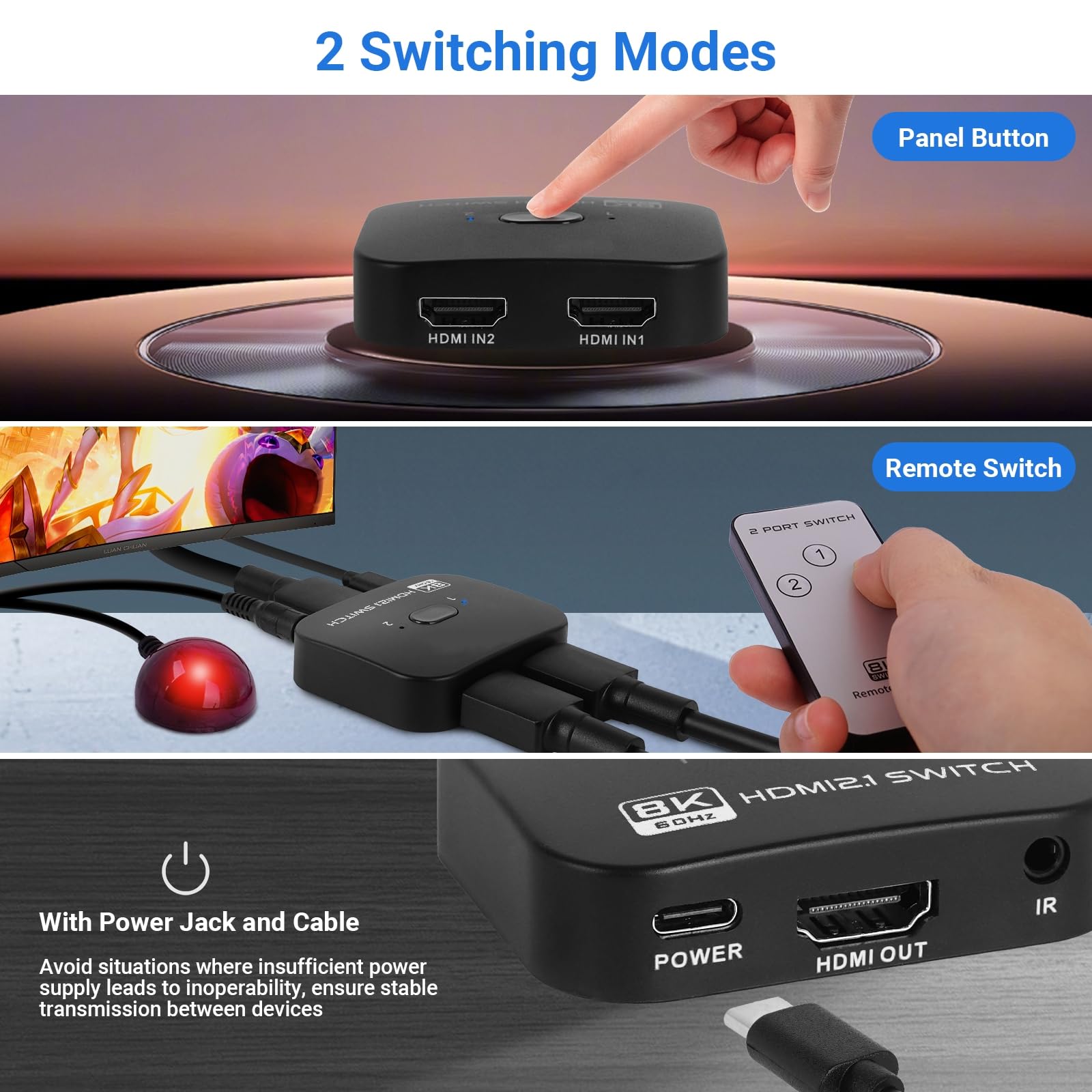 TCNEWCL Switch HDMI 8K 60Hz, 4K 120Hz Répartiteur 1 Entrée 2 Sorties ou Commutateur 2 Entrées 1 Sortie, Splitter 2.1 Bi-Direction, Compatible avec PS5 PS4 Xbox Lecteur Blu-Ray PC