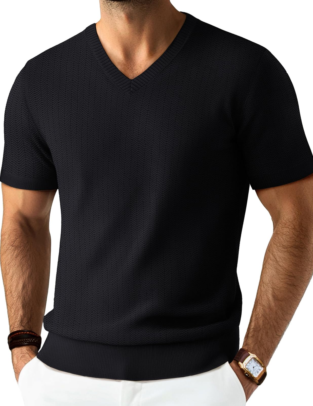PJ PAUL JONES Mens T Shirts V Neck Short Sleeve Textured Herringbone Modern Fit Knit Shirts