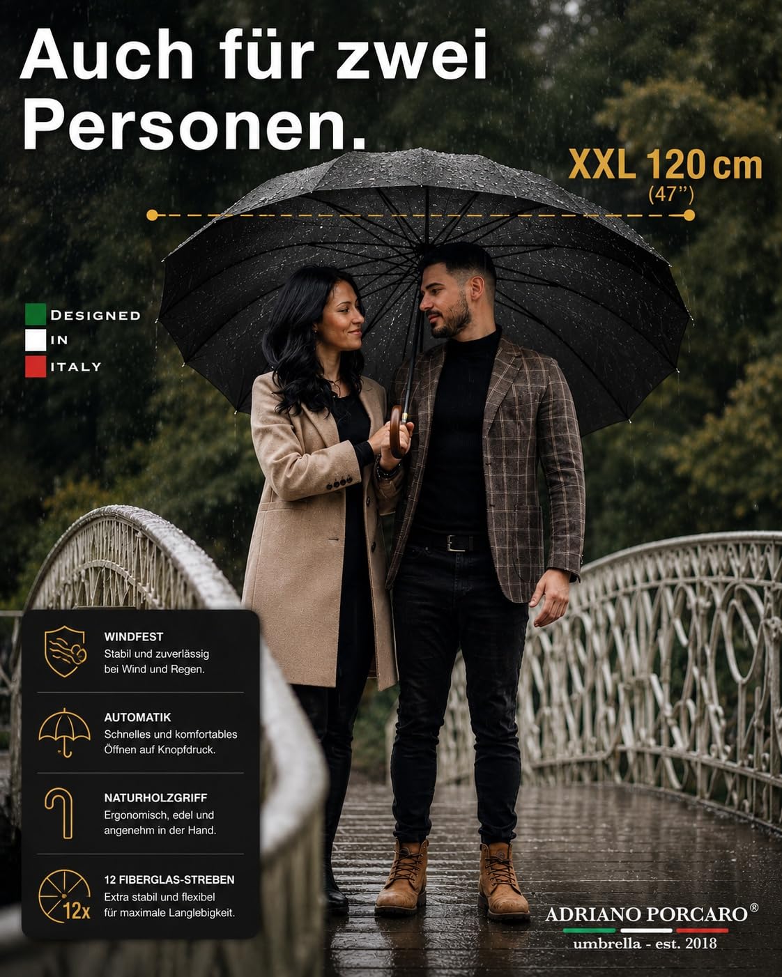 Automatyczny parasol, wiatroszczelny drewniany parasol, 12-krotne wzmocnienie włókna, duży, stabilny i odporny na wiatr, średnica 115 cm