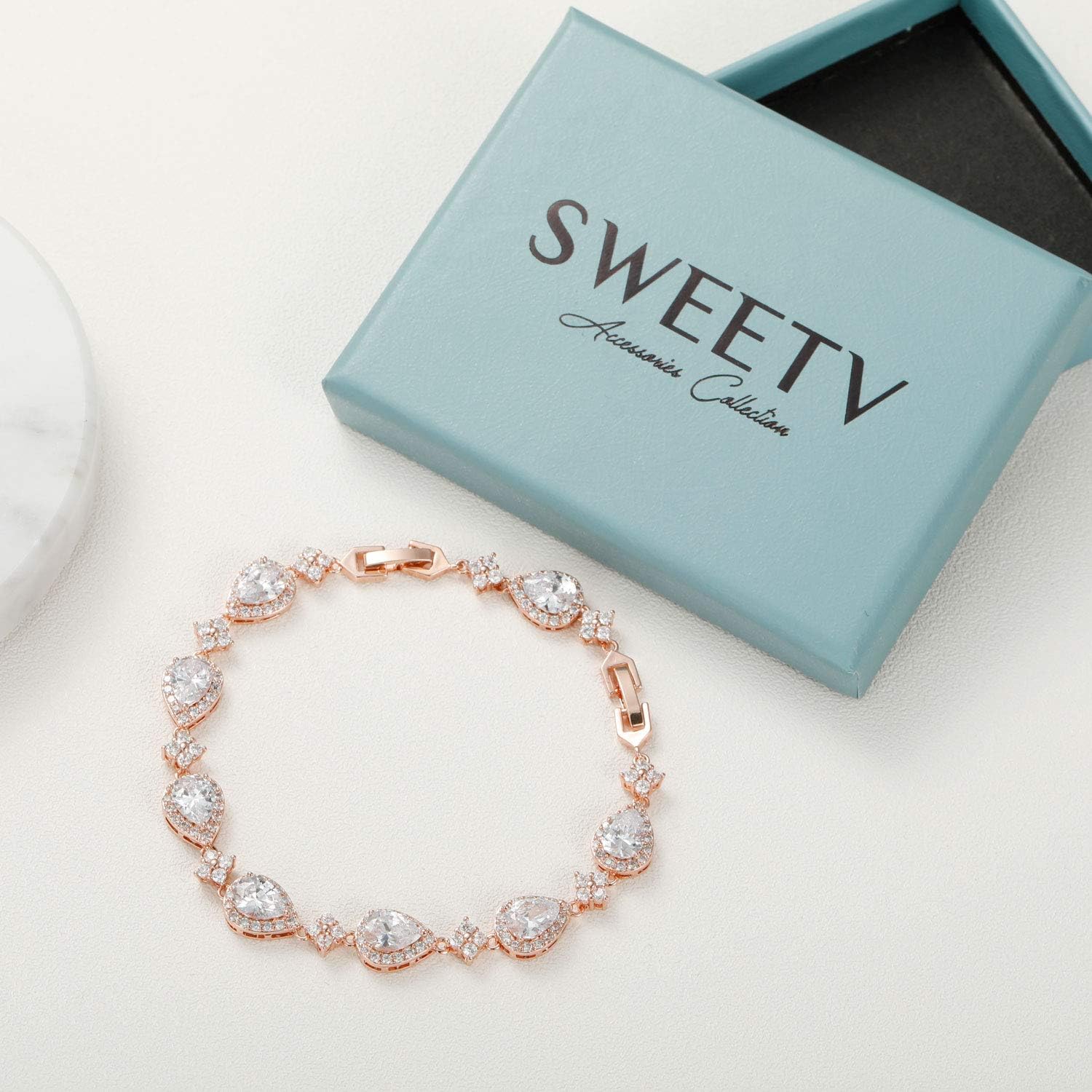 SWEETV Wedding Teardrop Bracelets for Brides Bridesmaids, Crystal Cubic Zirconia Bridal Bracelets for Women Prom - Image 8