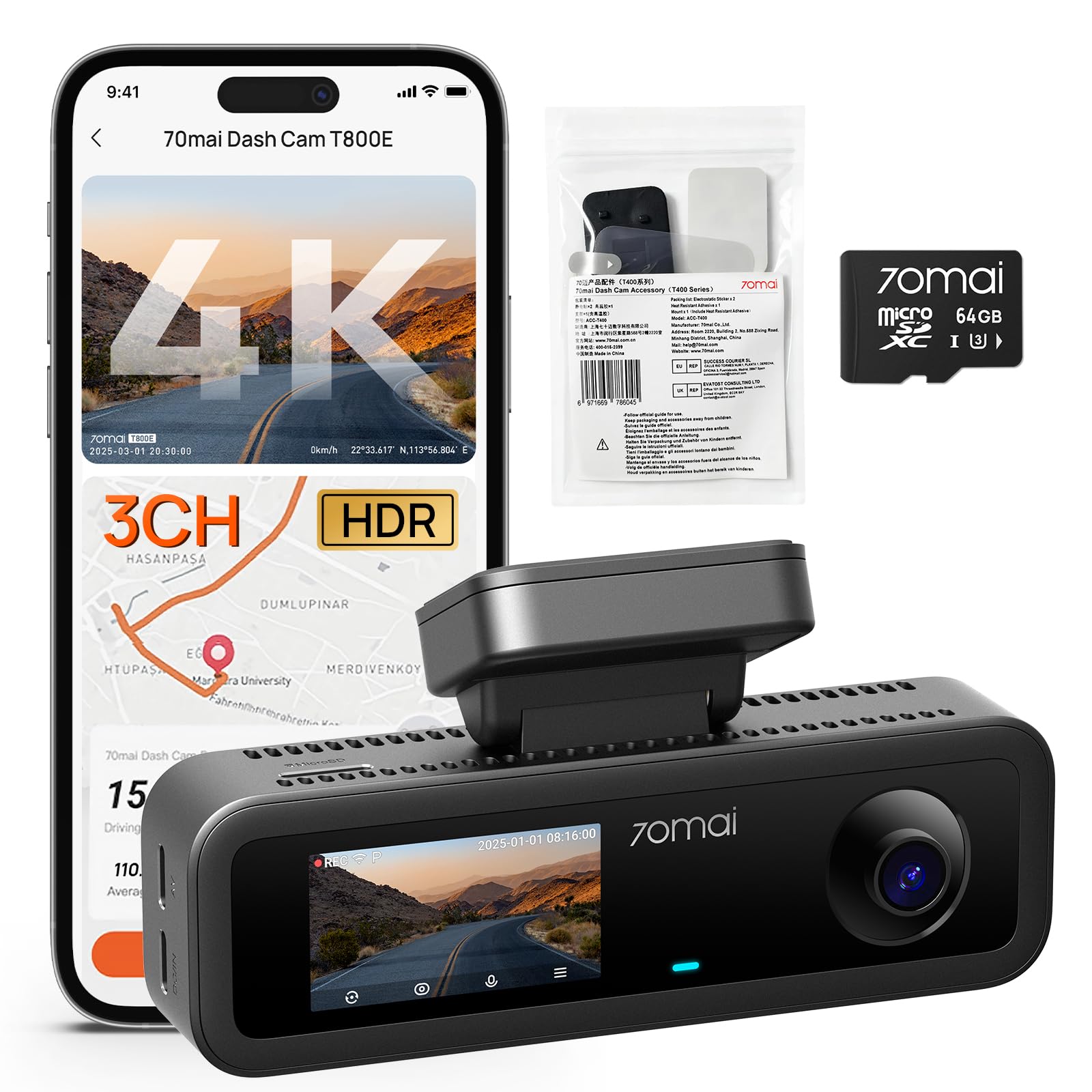 【70mai T800E dashcam+64GB Karte+ACC】70mai T800E 4K Dashcam Auto 3-Kanal, 4K+1080P+1080P Vorne Hinten Innen 3 Channel Autokamera mit HDR F1.55, IR Nachtsicht, Parküberwachung 24H, GPS, G-Sensor, WiFi 6