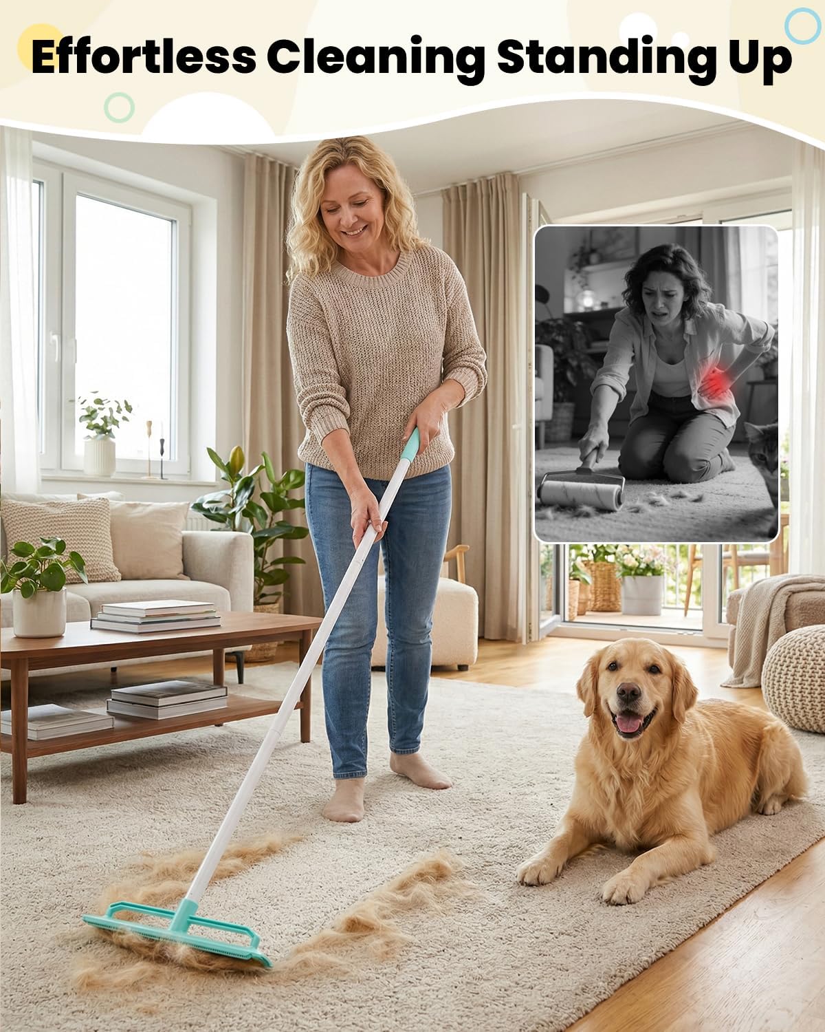 Carpet Rake for Pet Hair Removal | 5-in-1 Dual-Sided, Rubber & Metal Scraper Tool, 60" Adjustable Handle, For Dog and Cat Fur