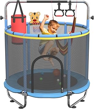 60" Trampoline for Kids, 500lbs Capacity Indoor Outdoor Toddler Trampoline with Adjustable Gymnastics Bar, Gifts for Boy Girl Age 1-8