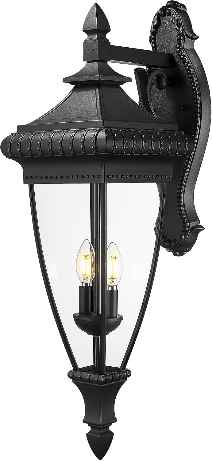 Emliviar Outdoor Black Patio Wall Light with Clear Glass, Anti-Rust Outside Lamp for Porch Waterproof, 2 x E12 Bulb Base, XE313B-M BK