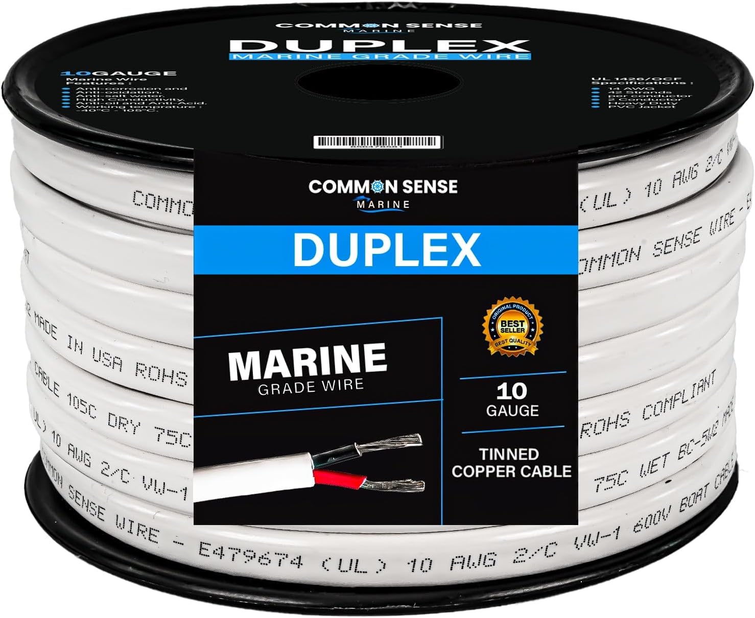 10 Gauge 2 Conductor Marine Wire - 100 ft Duplex Flat Marine Grade Wire Tinned Copper Oxygen-Free Insulated - 10/2 AWG UL 1426 Standard PVC Wire for Boat, Automotive, Speakers, Camper & Trailers