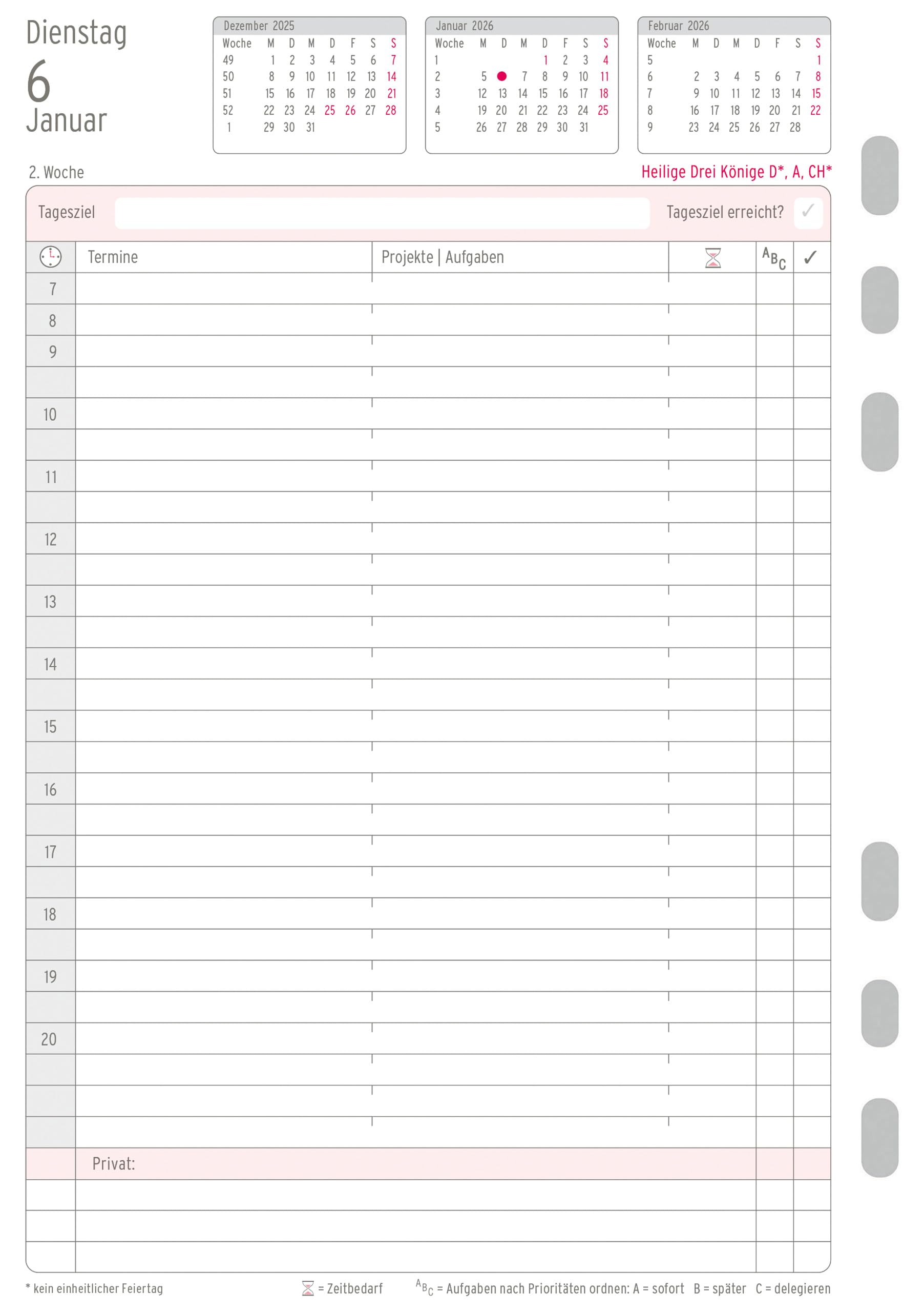 Chronoplan 50226 Kalendereinlage 2026 (Tagesplan A5 (148x210mm), Ersatzkalendarium für Terminplaner, Tagesplaner, ideal für detaillierte Tagesplanung, 1 Tag auf 1 Seite, mit Universallochung) weiß