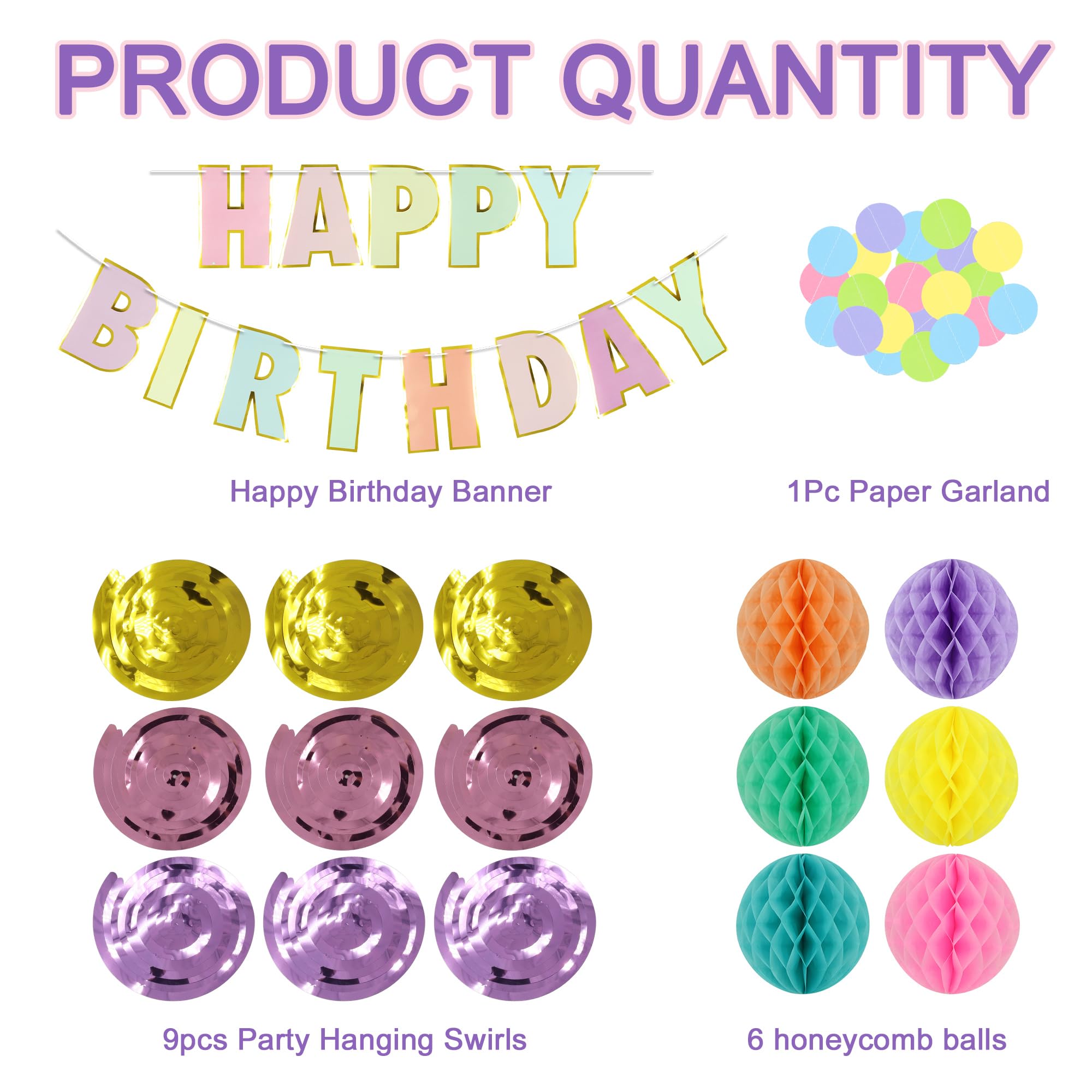 Pastel Birthday Party Decorations, 17 Pcs Macaron Birthday Decor with Birthday Sign, YITOBA Pre-Strung Happy Birthday Banner, Dot Garland, Hanging Streamer, Honeycomb Balls (Colorful)