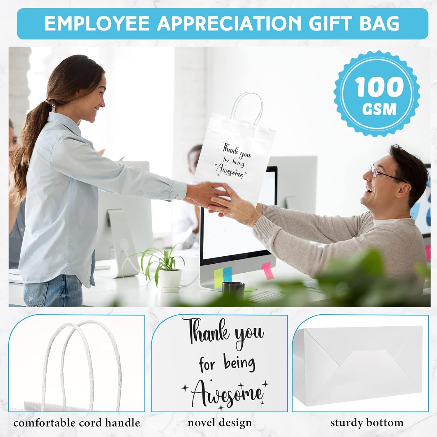 Ctosree 20 Pcs Thank You Gift Paper Bags for Employee Coworker Colleague Thank You for Being Awesome Bags with Handles for Colleague Employee(8.3 x 4.3 x 10.6 Inch,White) - Image 3