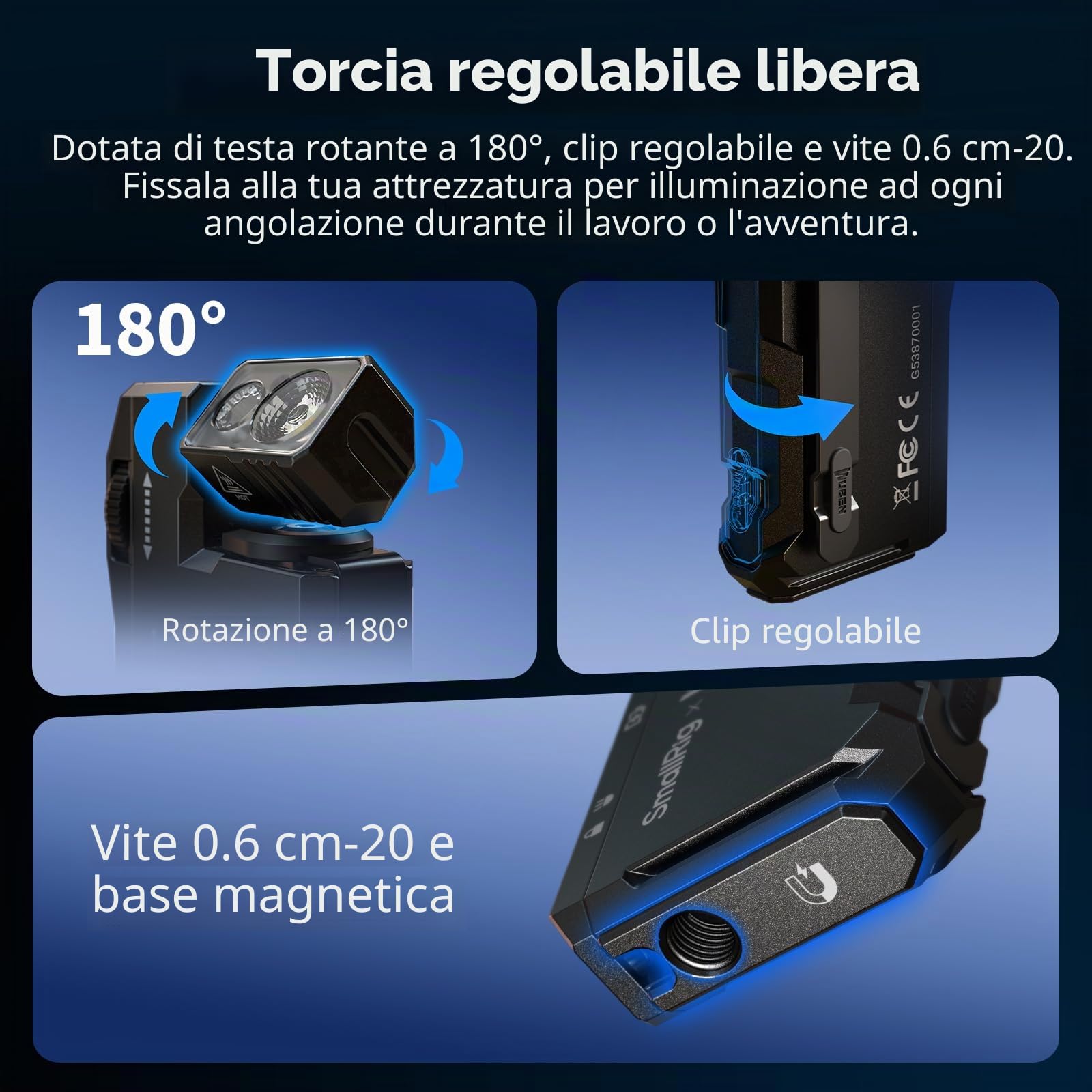 SMALLRIG Mini torcia EDC ricaricabile, luce LED magnetica da 400 lumen, formato tascabile, impermeabile IP65, vite da 1/4"-20, diffusore, torcia portatile per campeggio, segnalazione - 5710