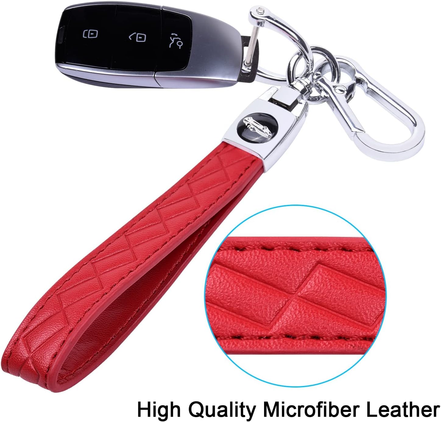 Wisdompro Microfiber Leather Car Keychain, Universal Key Fob Keychain Leather Key Chain Holder with 3 Keyrings and 1 Screwdriver for Men and Women - Red