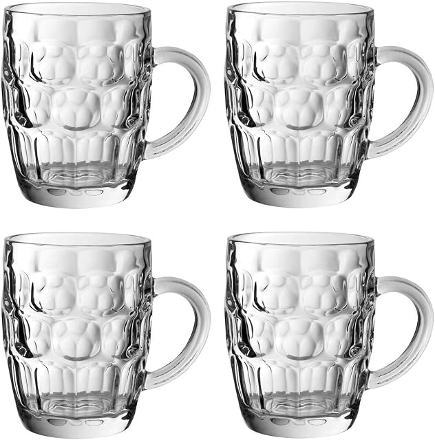 Traditional Glass Pint Tankards - Set of 4 | Also known as Dimpled Beer Tankard, Britannia Pint Mug, Beer Stein, Beer Mug