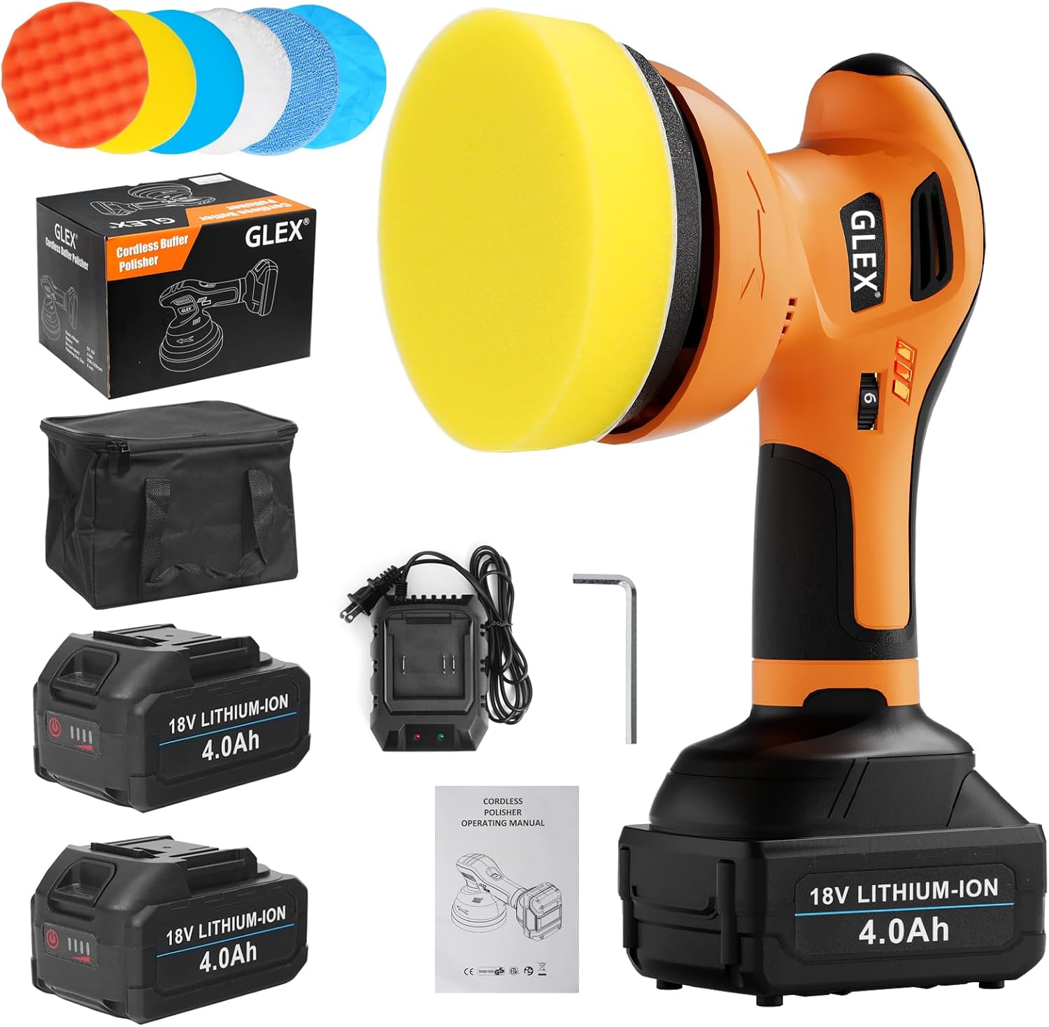 GLEX Electric Cordless Car Buffer Polisher, 6-inch Car Buffer Waxer Kit, 18V 4.0AH Battery*2, 6-speed Variable Speed, Up to 6600RPM, for Car Detailing, Boat Sanding, Scratch Removal, Mirror Polishing