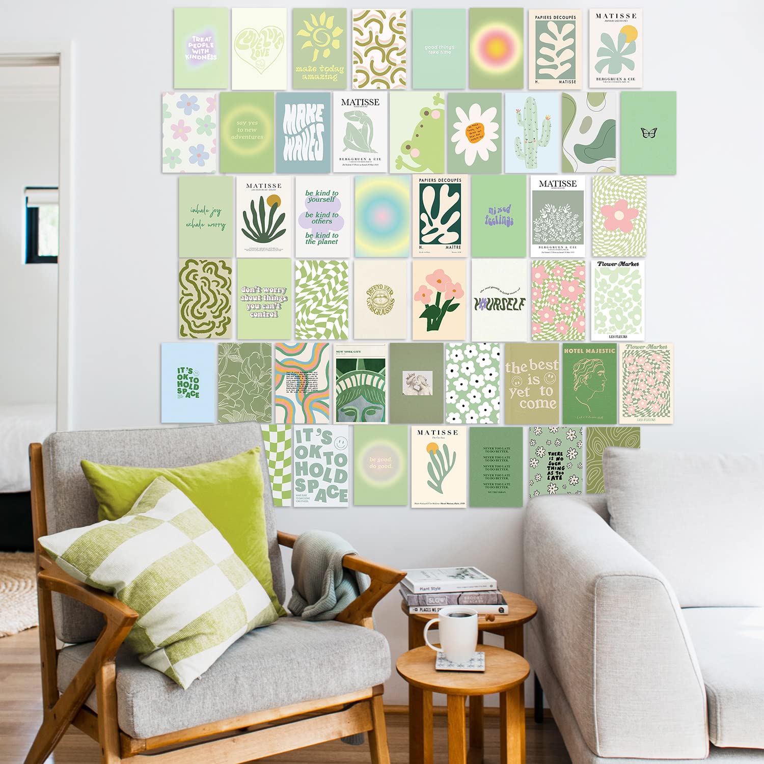 Haoran 50PCS Sage Green Danish Pastel Collage Kit, 4x 6' Wall Collage Kit for Girls' Bedroom Art, Trendy Teen Room Decor, C08-G