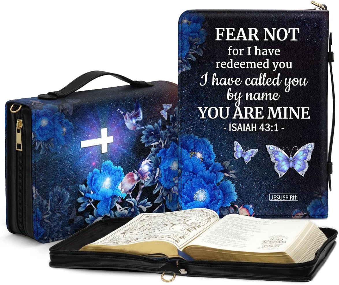 Jeuspirit Bible Covers - Leather Bible Organizer Case - Bible Book Carrier Bag With Zipper - Christian Gifts For Women - Bible Holder Bag, Bible Carrying Case Large Size (Fear Not)