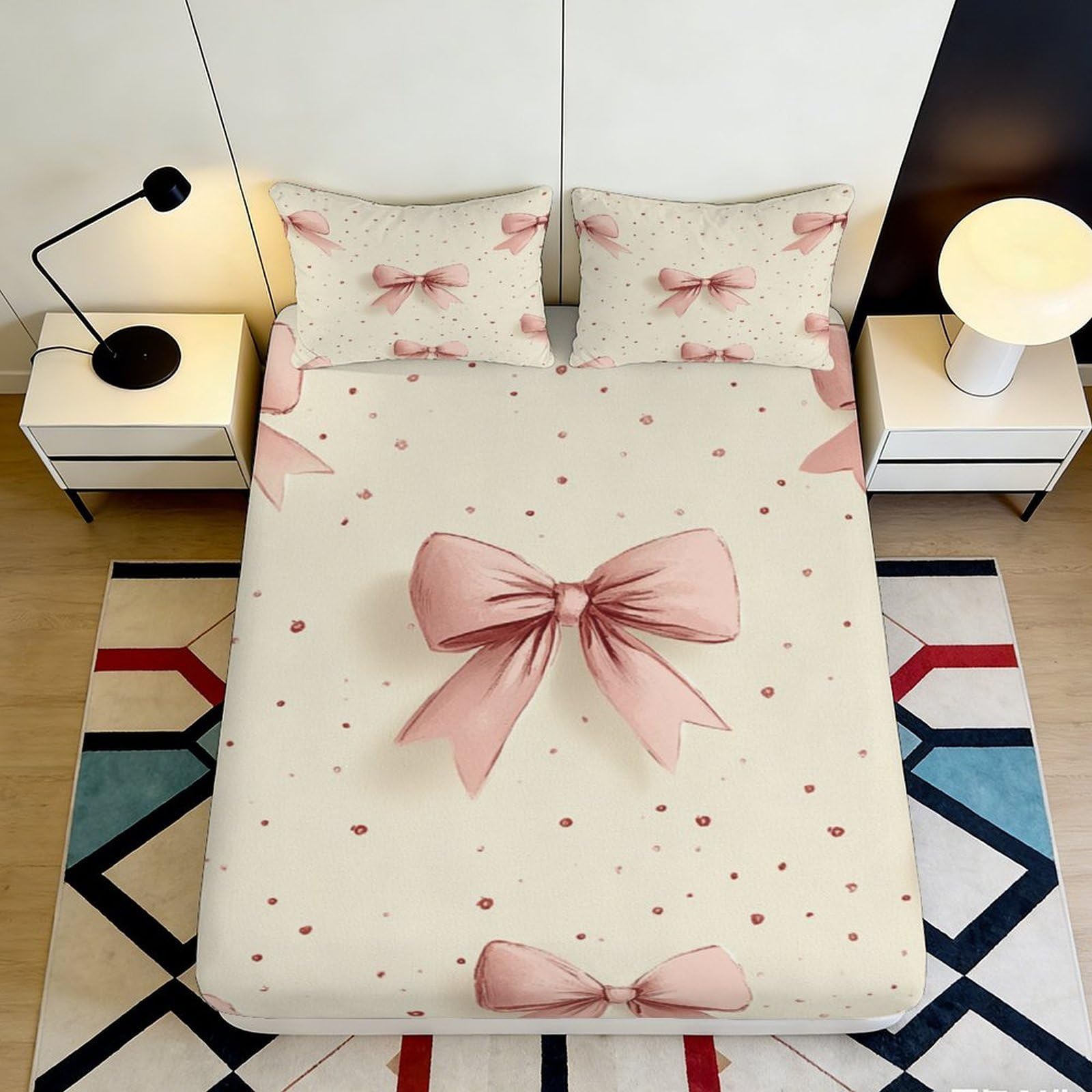 3D Printed Pink Bow Fitted Sheet Microfiber Soft Breathable Polka Dot Bed Cover for Bedroom Guest Room Dorm Mattress Protection 90x200x25cm
