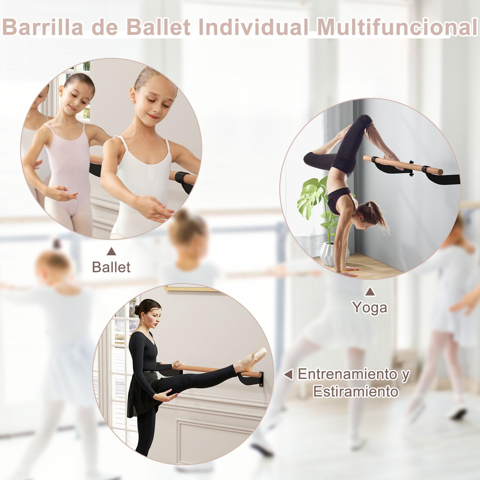 GYMAX Barra de Ballet de Madera, 120 cm de Largo, Soporte de Pared, Barra de Ejercicio, Barra de Baile, Altura Fija para Danza, Estiramiento y Yoga, Barra de Ballet para Niños y Adultos
