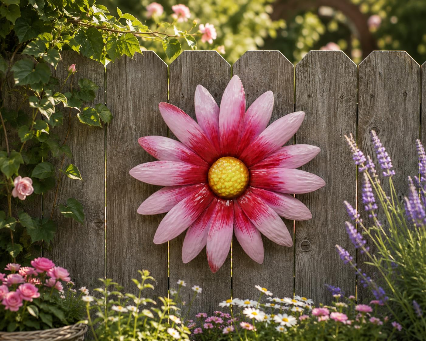 Large Metal Wall Mounted Flowers – Decorative Metal Wall Art for Outdoor Use | Rustic Floral Wall Decoration for Garden, Patio, Balcony & Fence | Contemporary Hanging Wall Décor, Daisy Pink