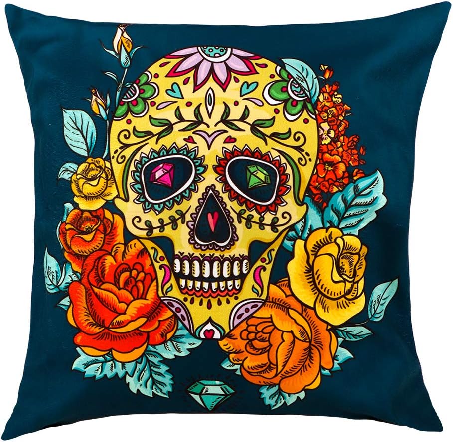 WaaHome Day of The Dead Throw Pillow Cover Dia De Los Muertos Decorations 18"X18" Cotton Linen Day of The Dead Sugar Skull Pillow Cushion Cover Case