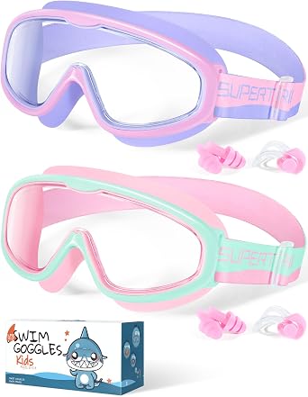 Supertrip Kids Swim Goggles with Fabric Strap | 2 Pack Swimming Goggles Anti-Fog UV Protection Leakproof Goggles for Kids 6-14